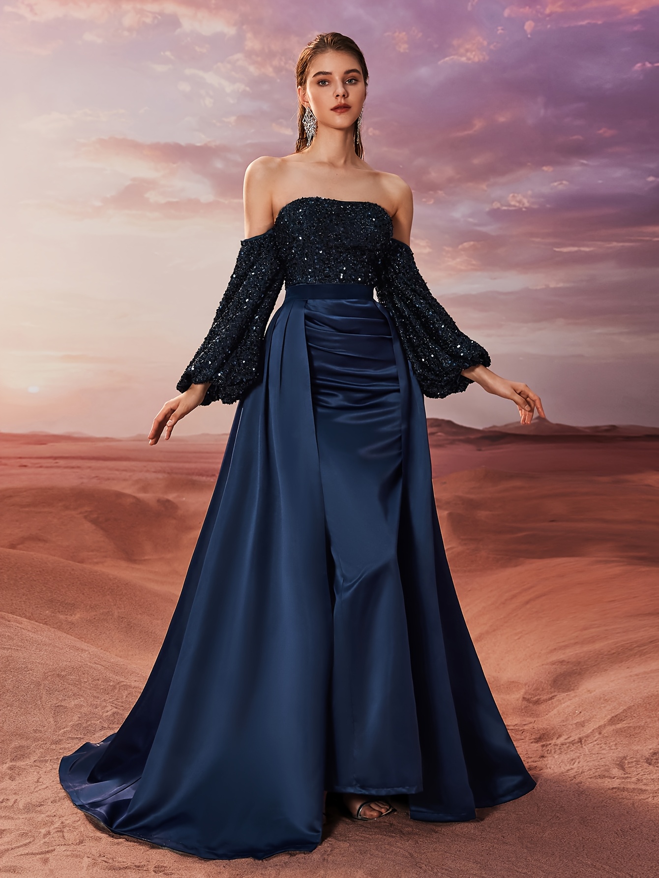 Women's Formal * Party Evening Dress with Elegant Luxurious Sequins Satin  Lantern Sleeve Gown, Wedding Event Dress, Long Sleeve Prom Dress, for  Wedding Guest, Graduation, Dinner