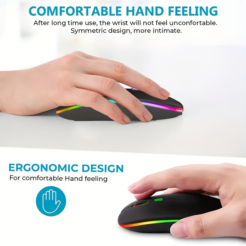 Wireless Portable Office Mute Wireless Mouse for Phone Tablet Laptop Computer Office Entertainment, Rechargeable Wireless 2.4G Dual Mode Mouse, Ergonomic RGB Ultra Thin Wireless Mouse, Type C Charging Interface, 4 Buttons, Compatible with Multiple Sy