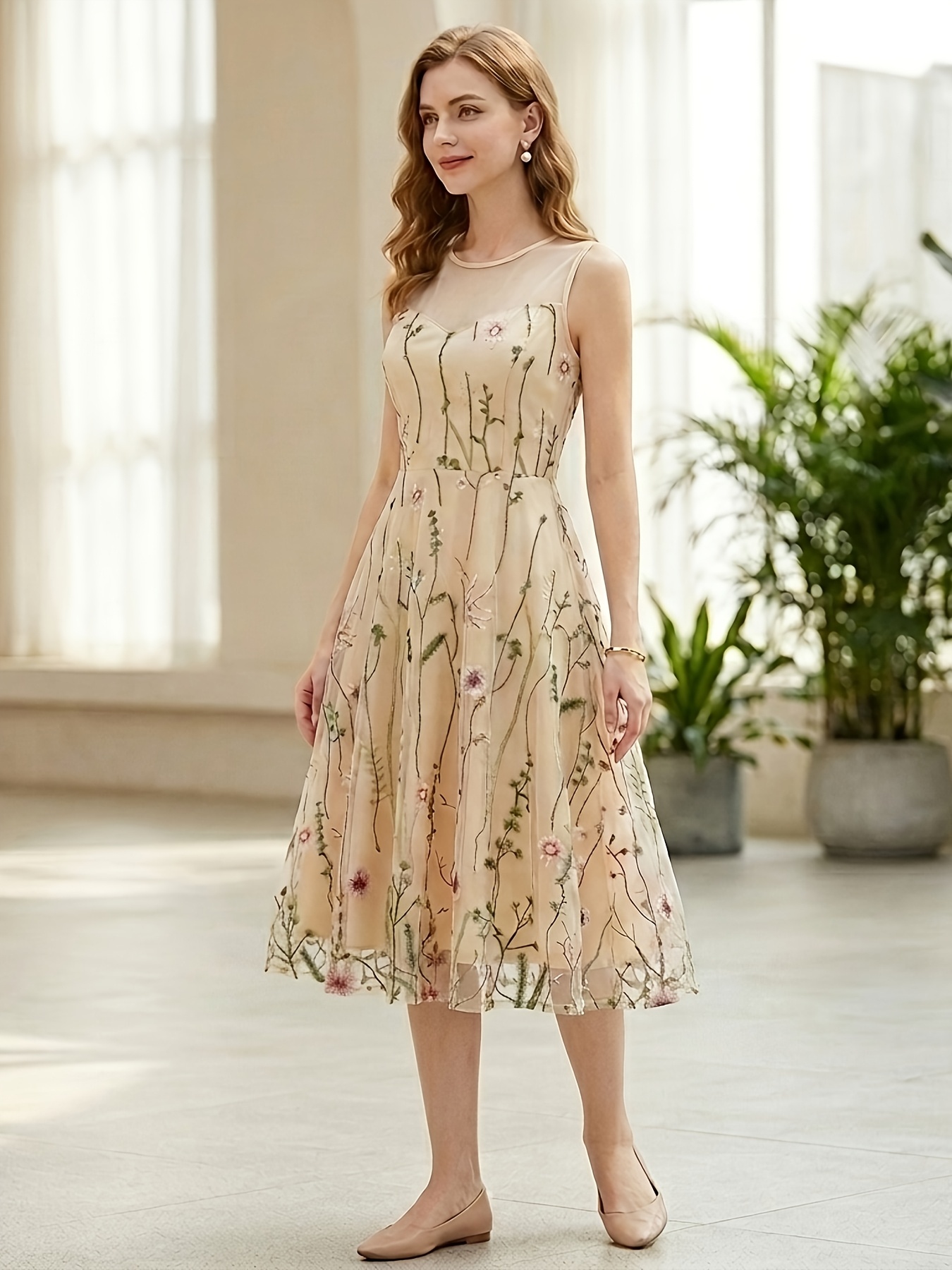 bridesmaid dresses temu Women's Round Neck Sleeveless Mesh Embroidered Elegant Holiday Gathering Party Floral * Gown Dress Fairy Godmother Costume Apron, evening wear brisbane Maxi dress Size:Child XS