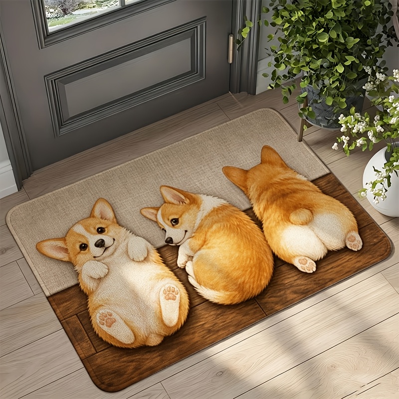 TEMU 1pc, 2d Printed, Corgi Pattern Floor Mat, Non-slip And Machine Washable Easy To , Suitable For Home And Outdoor Decoration, Entrance, Bedroom,