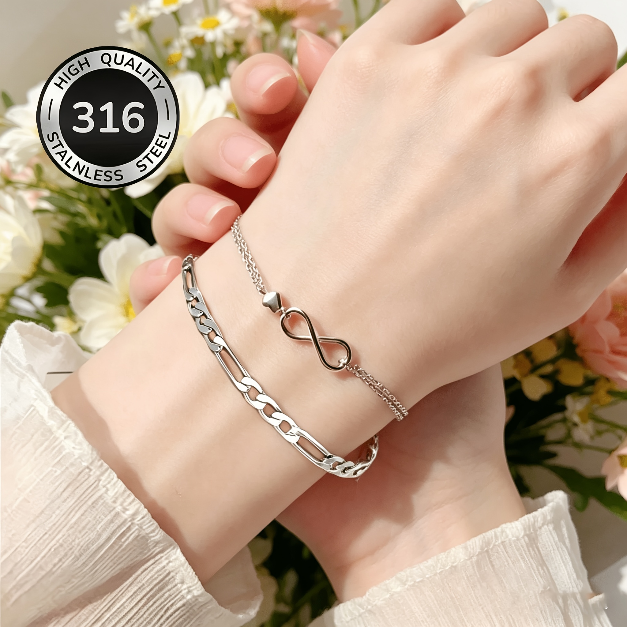Image of 2pcs Set Of Hypoallergenic High-quality Steel Bracelets, Fashionable Figure High-end Design - With A Fashionable And Versatile Cuban Chain Bracelet