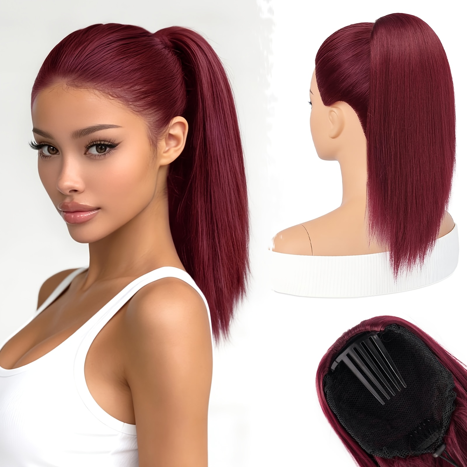 Image of 16 Inch Red Straight Synthetic Drawstring Ponytail Hair Extensions, Premium Synthetic Fiber -free Secure Drawstring Ponytail Extension For Women Daily Party Cosplay Wear