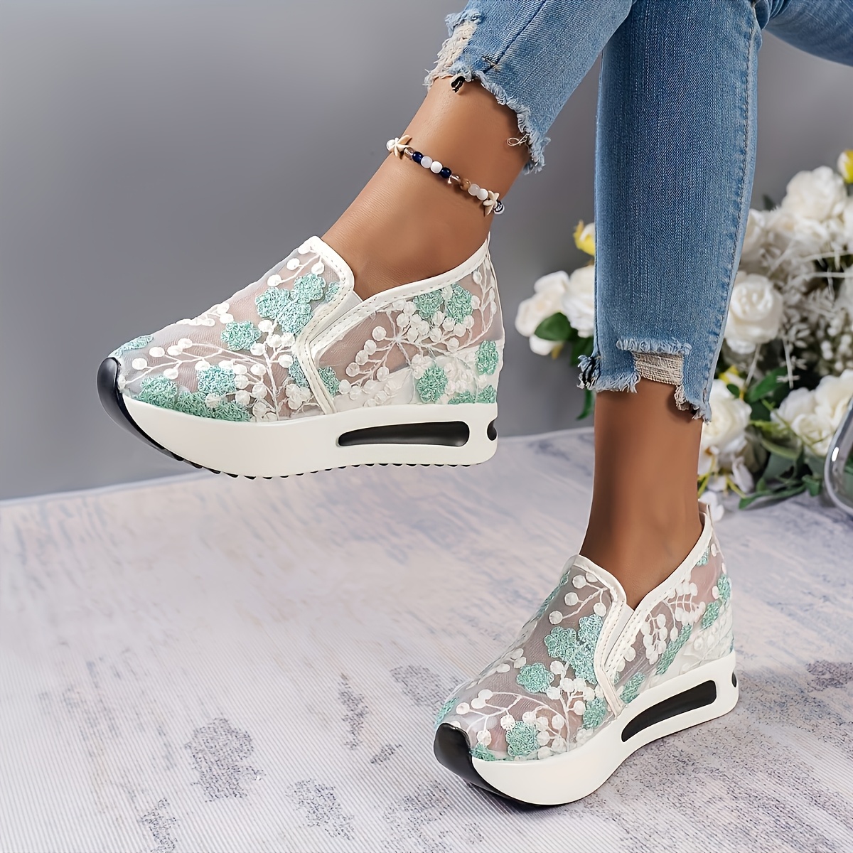 

Chic Women's Lace Mesh Sneakers - Breathable, Slip-on Platform Shoes With , Ladies Sneakers