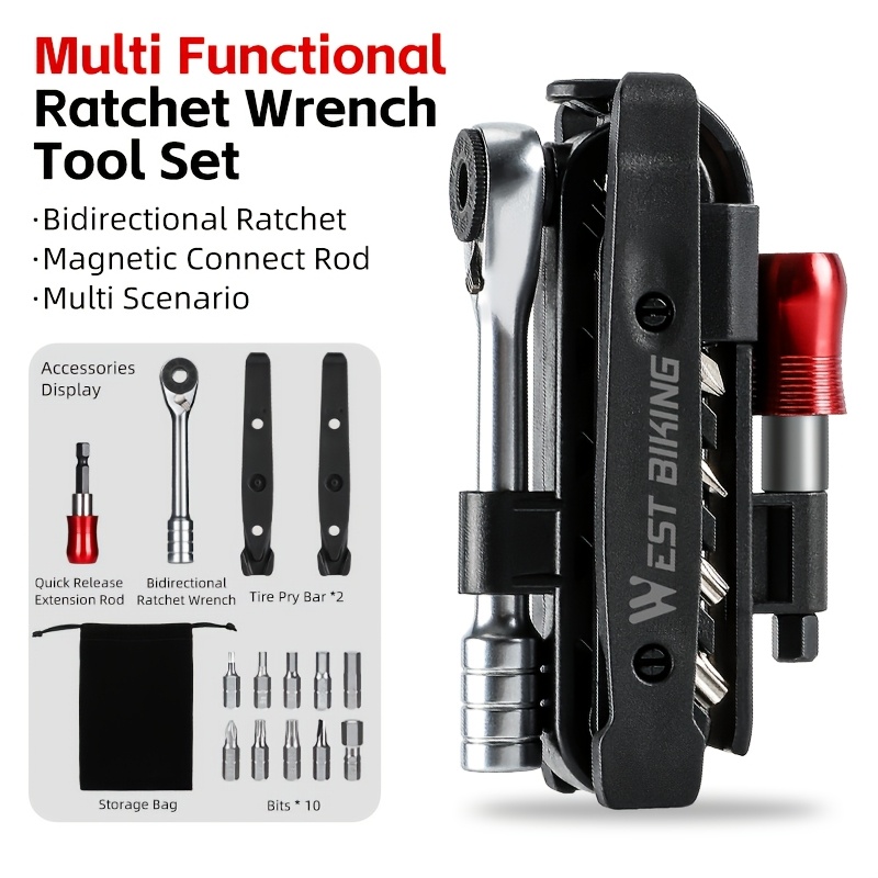 West Biking Multi Functional Ratchet Wrench Set Bike Repair Tool Kit With Screwdriver Bits & Sockets, Bidirectional Ratcheting Hand Tool For Bicycle