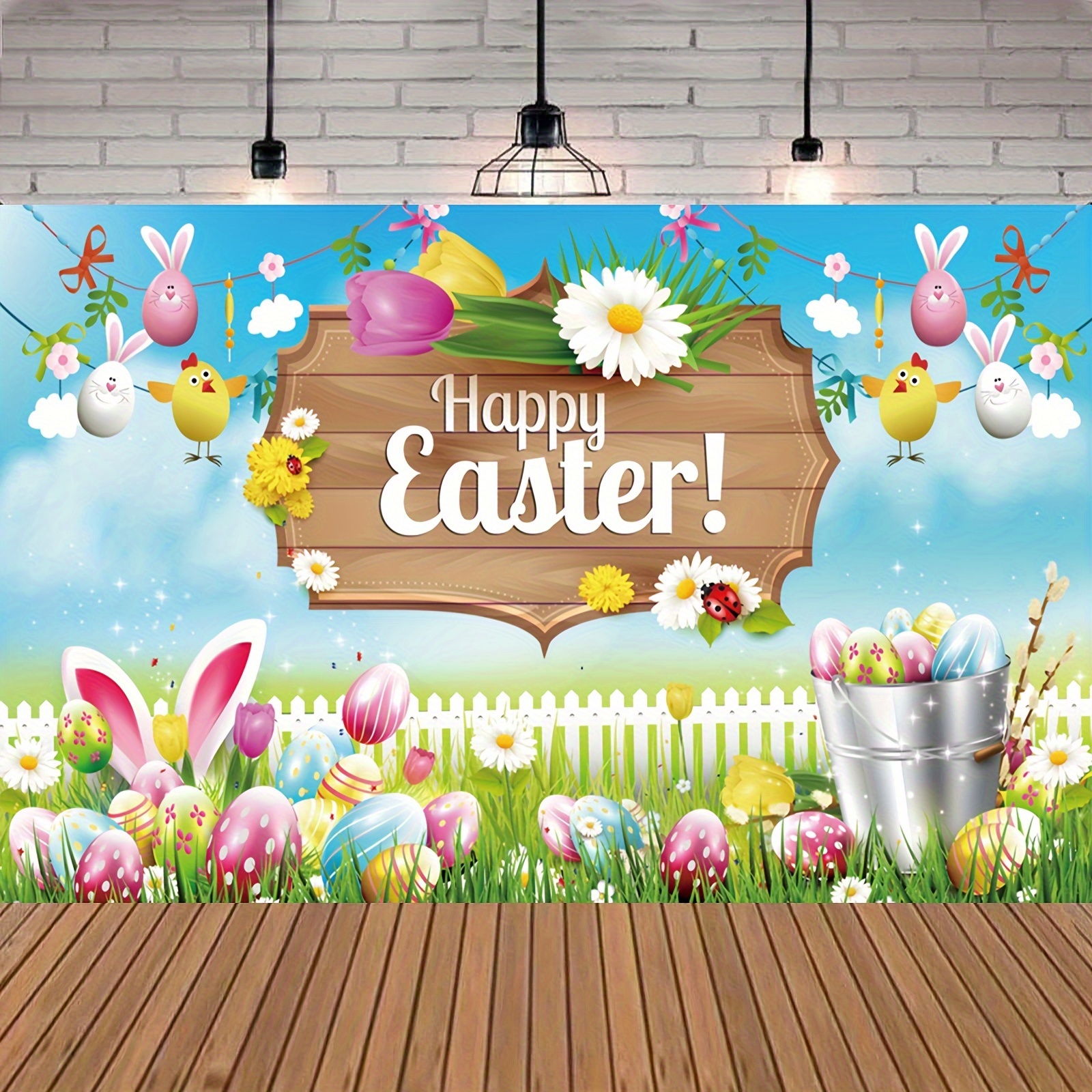 1pc 5 3ft easter rainbow backdrop bunny egg flag rabbit photography backdrop easter photo decorations photo background easter grass party decor hanging home decor wall decor atmosphere decor holiday decor