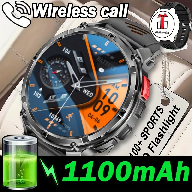 La nouvelle montre connectée 2025 avec batterie grande capacité 1100mAh, appels sans fil, notifications de messages, navigation par boussole et divers petits outils comme secondeur, réveil, lampe torche, météo, calculatrice, minuterie, podomètre calorique, 120+ modes sportifs et 100+ fonds d'écran.