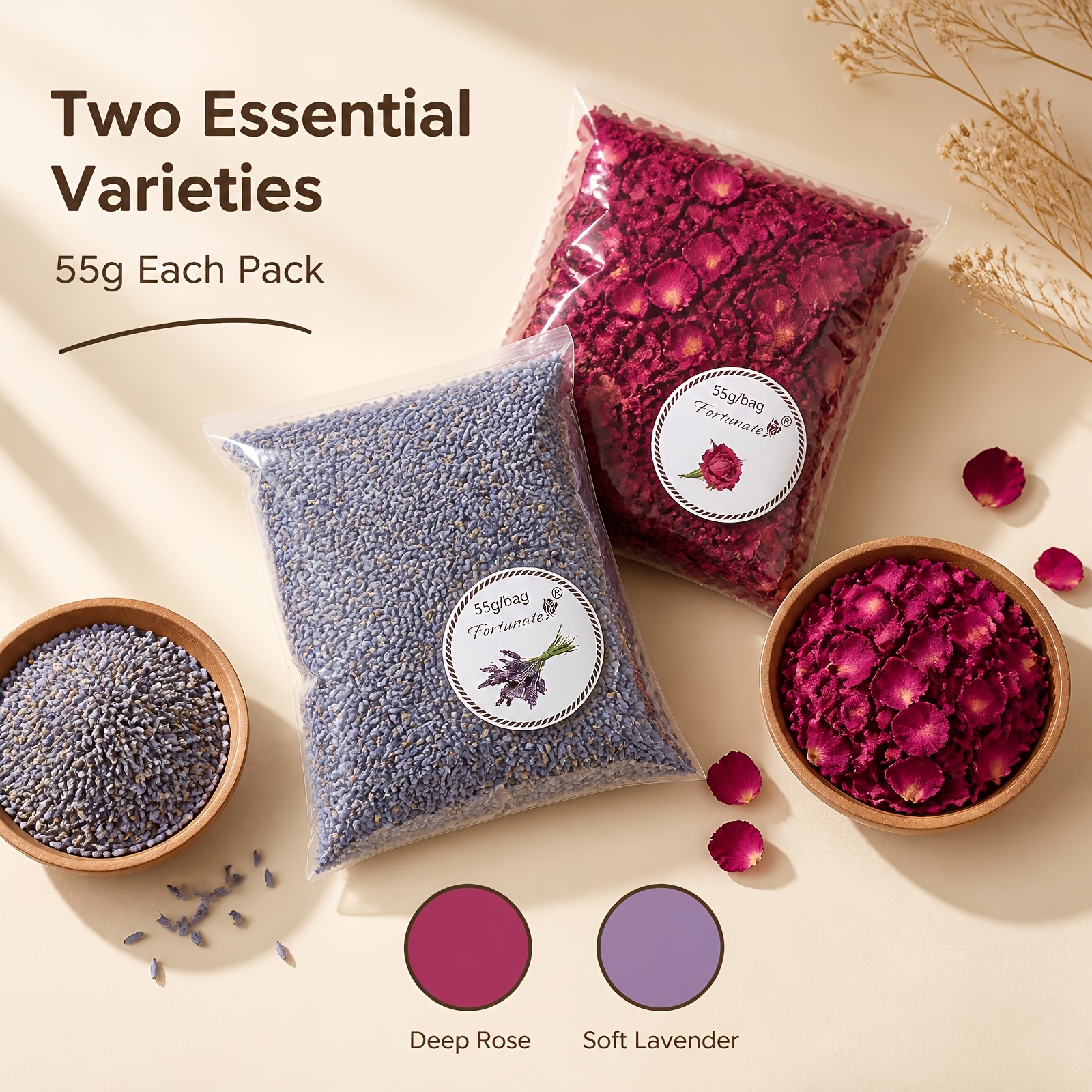 Image of Natural Dried Flower Set, 55g Dried Rose Petals + 55g Dried Lavender Buds, No Additives Dry Flower Kit For Diy Crafts, Bath, Aromatherapy, Party Decor