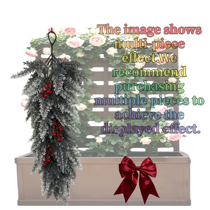 TEMU 2pcs Set: Christmas Hanging Pine Tree*1, Bow*1, Artificial Snowy Scene Berry Holiday Decoration With Realistic Quality, Suitable For , Fireplace