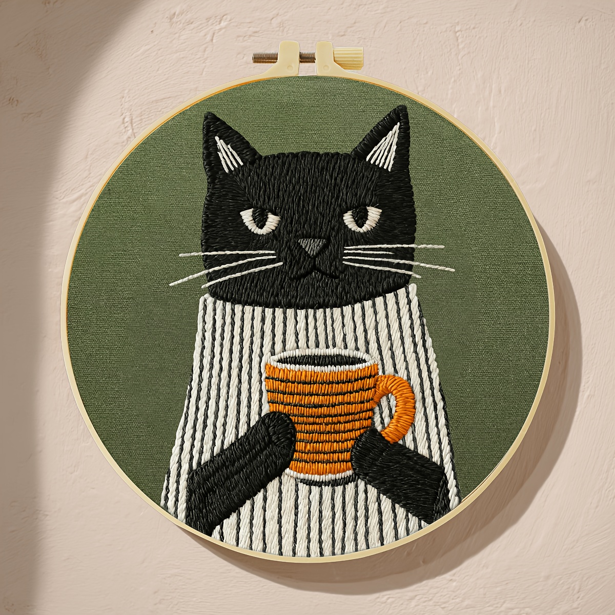 TEMU Embroidery Kits, [15x15cm/5.9x5.9 Inches] [20x20cm/7.9x7.9 Inches], The Cat Drinking Coffee, Diy Embroidery Kits, Suitable For Adult Beginners,