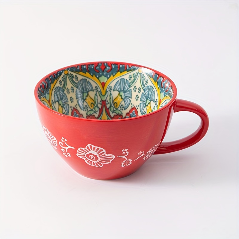 1pc 15oz Bohemian Ceramic Breakfast Cup Large Capacity Water Cup Microwave Heating Milk Coffee Cup Suitable For Home Tableware, Halloween Thanksgiving Christmas Gift Ceramic Cup