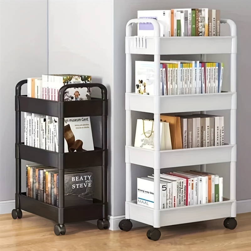 

Multifunctional 4-tier Mobile Storage Cart With Hanging Bins And Hooks - Household Organizer Trolley With Wheels For Kitchen, Home, And Bookshelf Use.