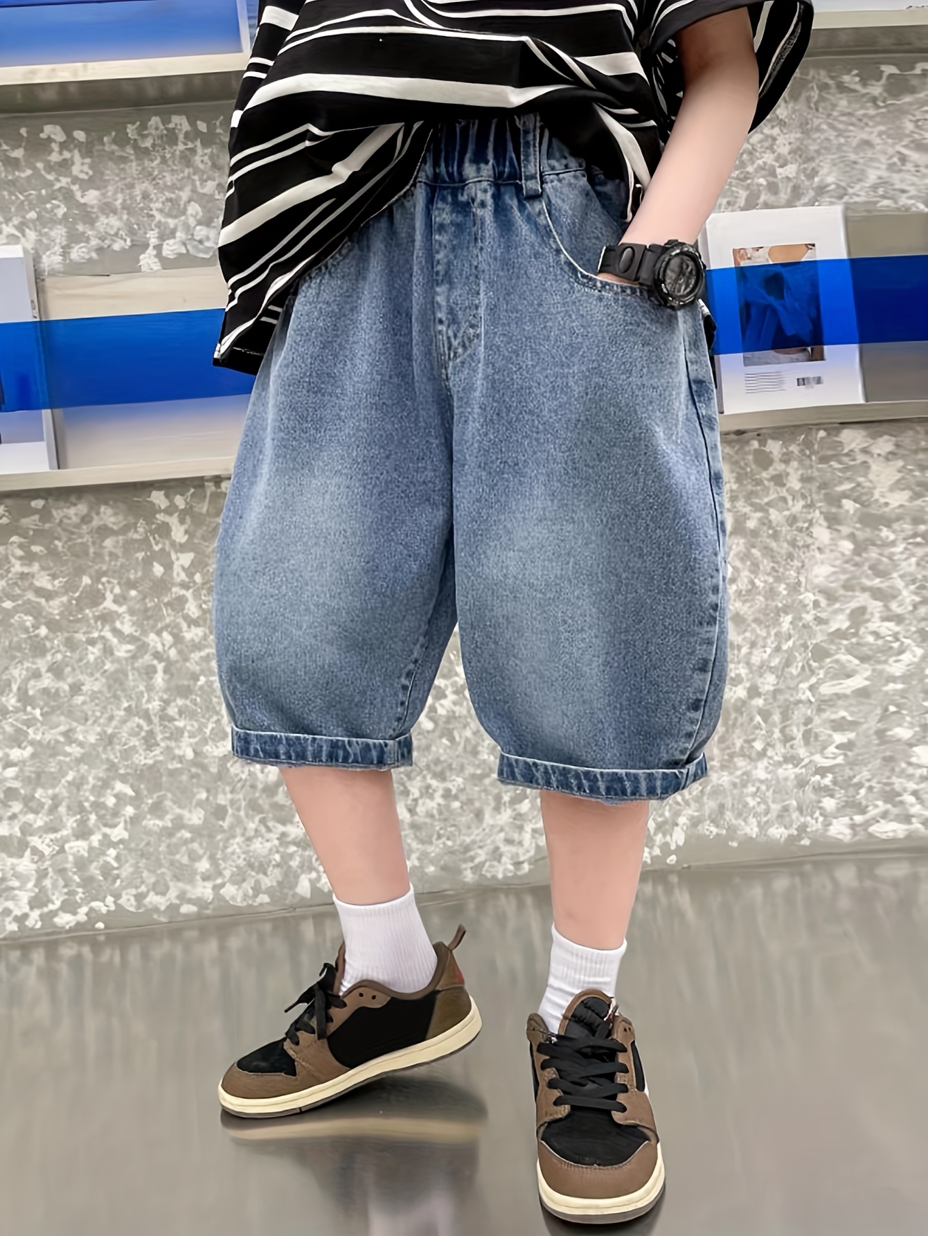 boys lightweight non stretch jeans like shorts loose fit Temu