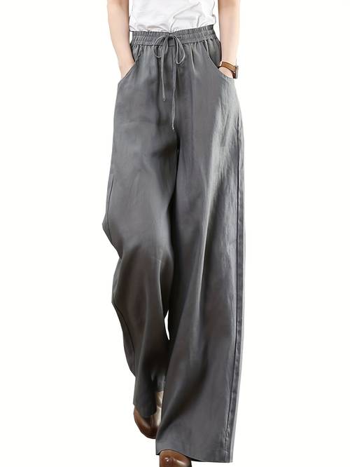 womens linen wide leg pants with drawstring waist and side pockets relaxed fit breathable comfortable casual