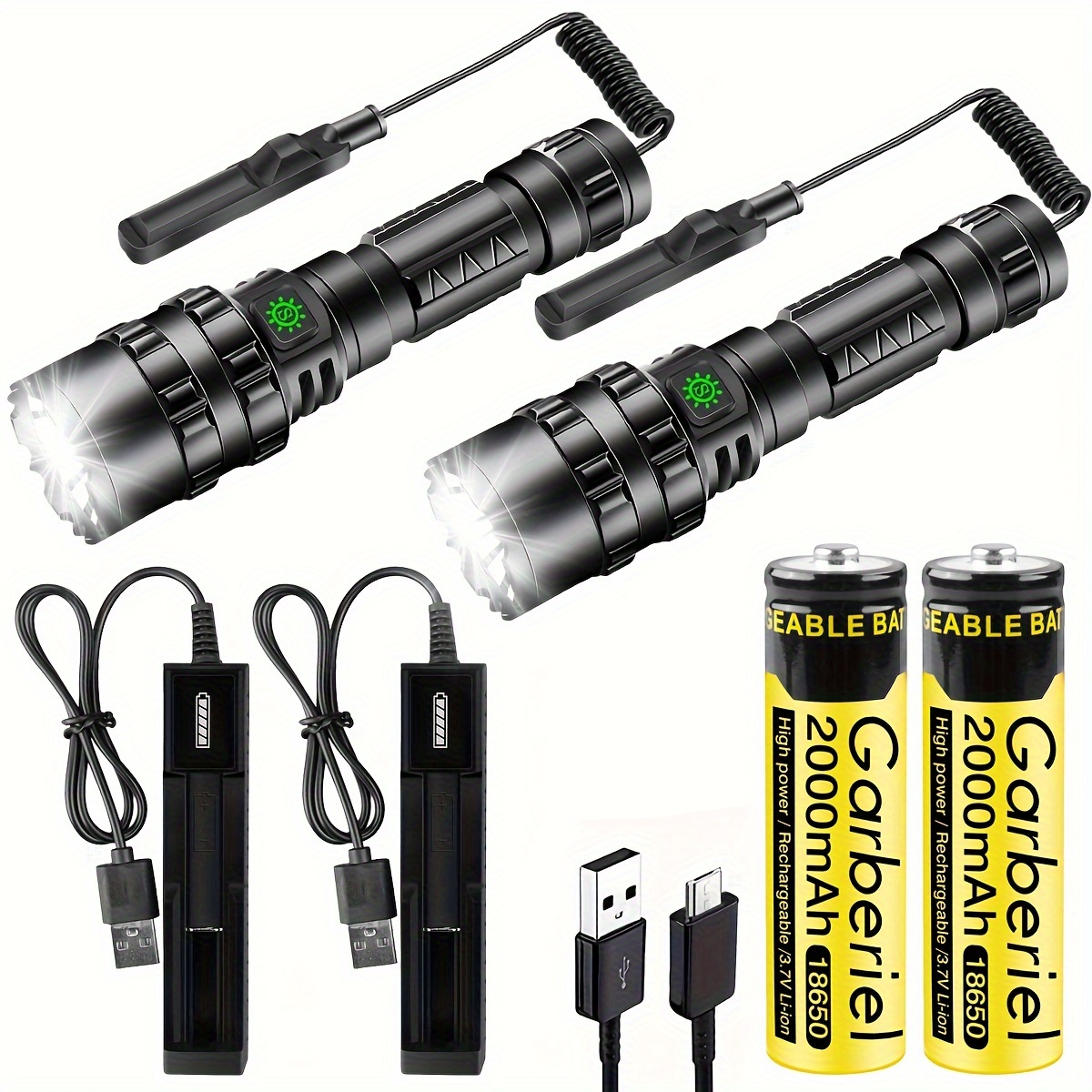 

2pack High Lumens Led Flashlight With Mount, 5 Modes Powerful Usb Rechargeable Torch Light W/18650 Battery And Charger For Camping/hunting (remote Pressure Switch Included)