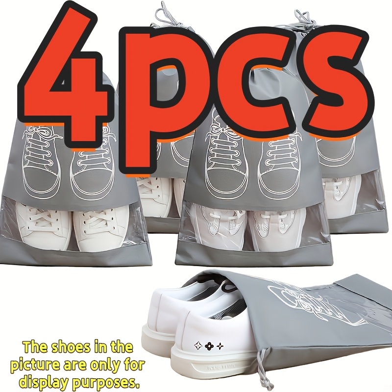 TEMU 4pcs Pack Of Non-woven Shoe Bags, Drawstring Dust-proof Travel Shoe Storage Bags, With Transparent Window And White Shoe Print Pattern,
