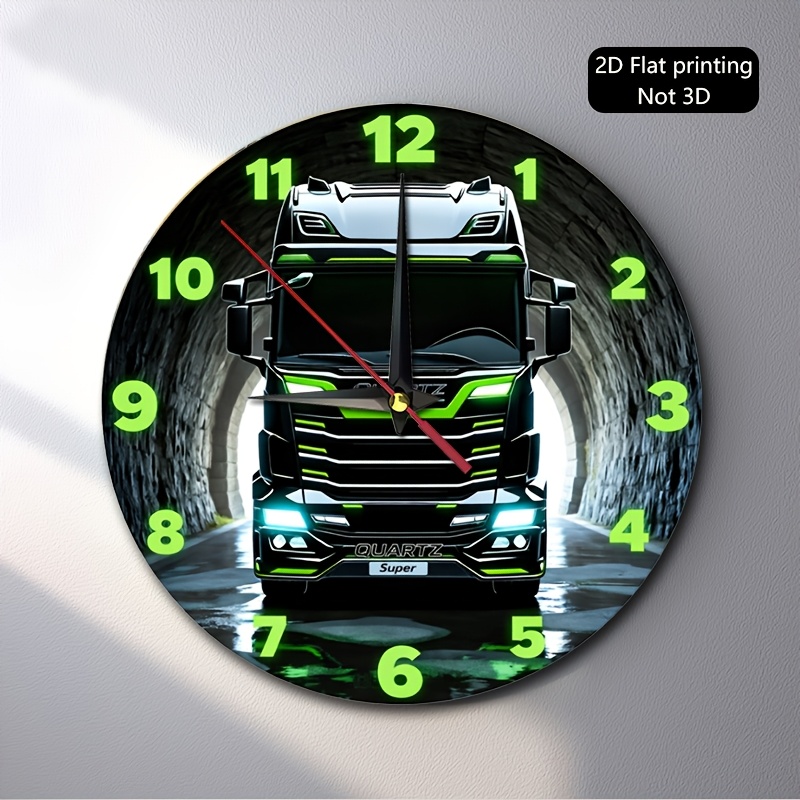 TEMU 1pc, 2d Flat Wall Clock, Black Truck With Green Accents In Tunnel, Suitable For Home, Office, Garage, Workshop, Man Cave Decor