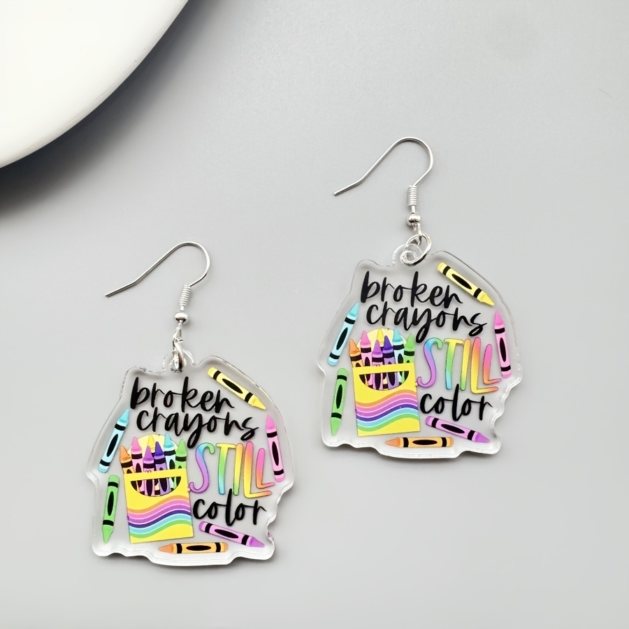 

Acrylic Crayon Earrings With " Still Color" Motif - Cute & Creative Transparent Dangle Jewelry With Stainless Steel Hooks - Unique, For Teachers And Students, Quirky Earrings