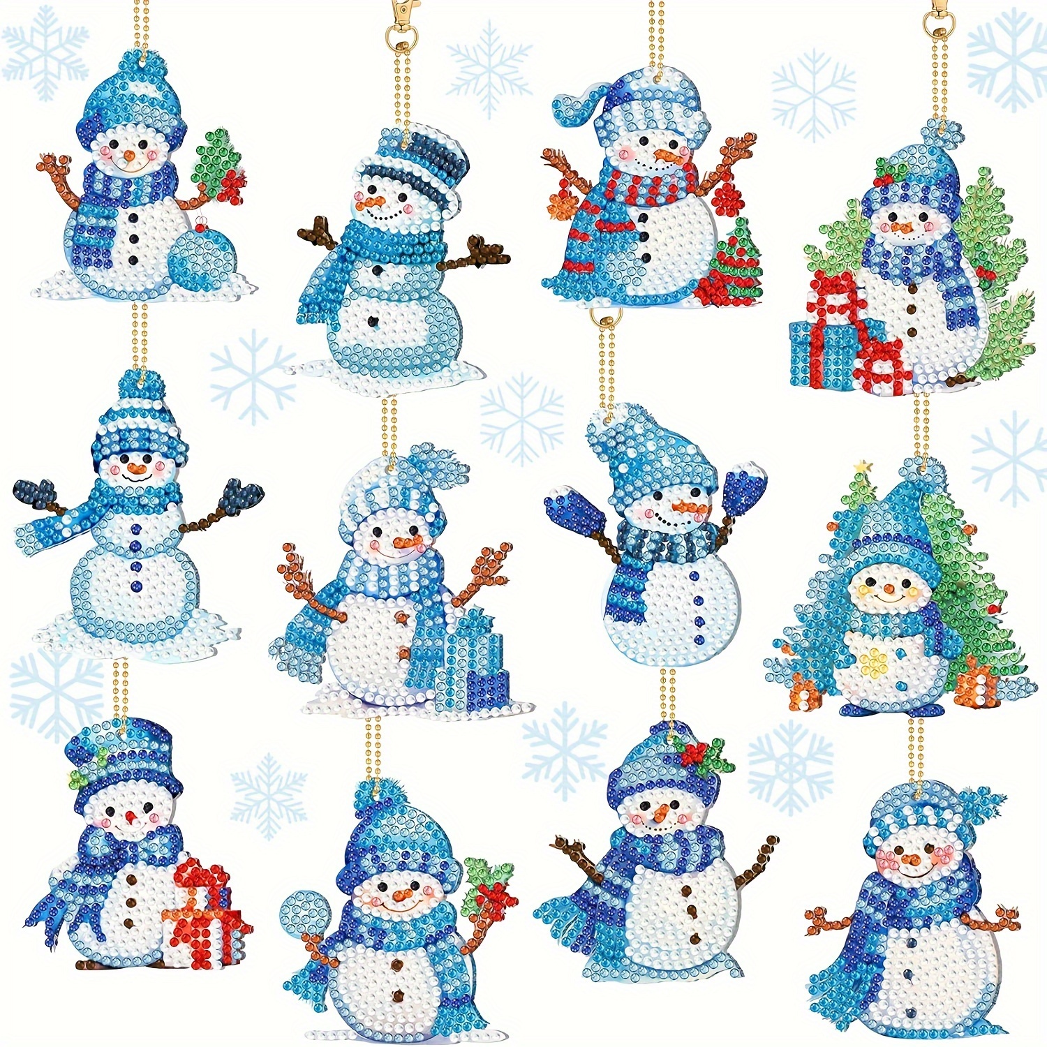 

12pcs Snowman Diamond Art Keychain Kit - Diy Gem Painting & Pendants Round Diamonds, For Christmas Decorations And