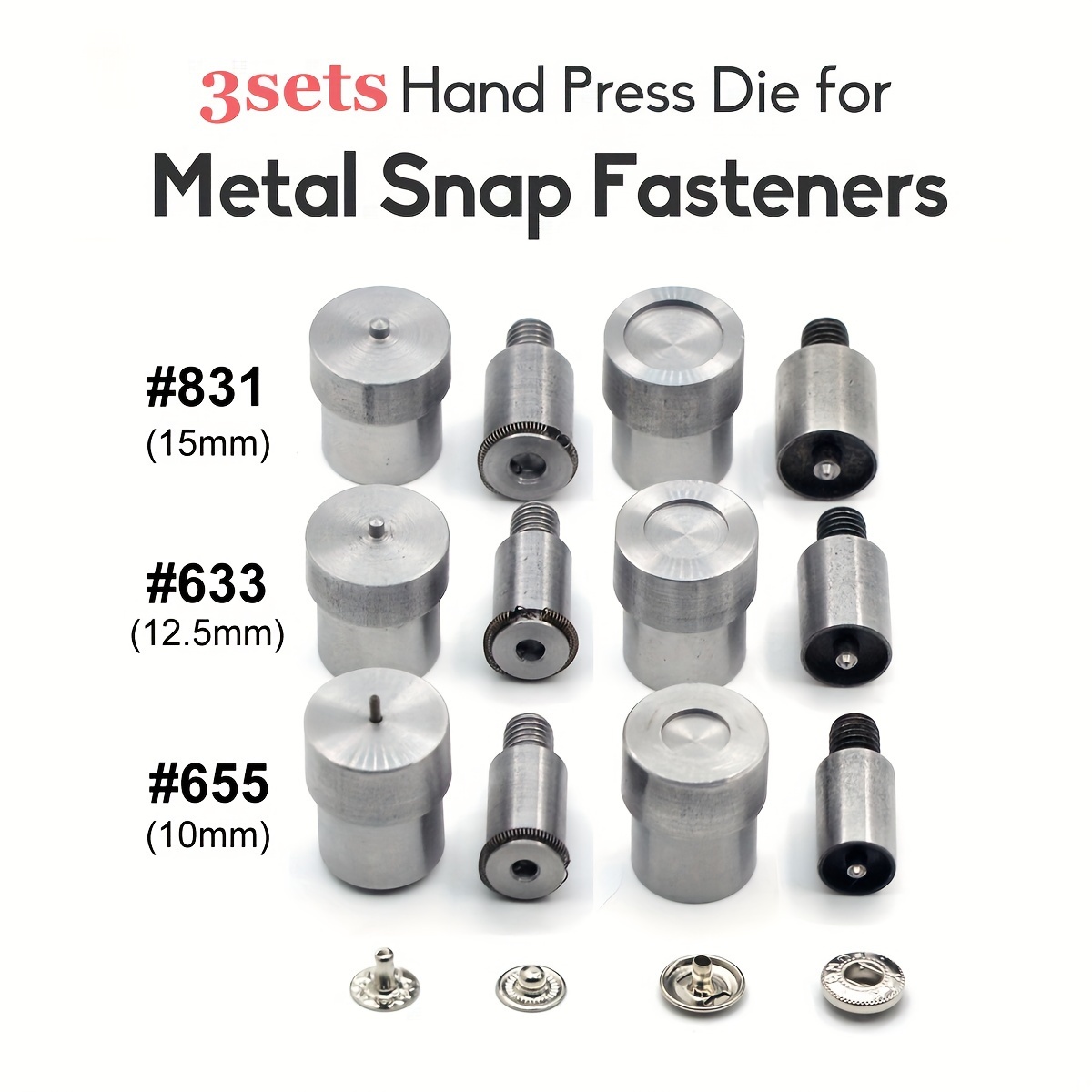 

Stainless Steel Snap Button Die Set, 3-piece With 4 Pieces - Heavy Duty Press Fastener Tool For Hand Press Machines, Compatible With 651/633/831 Buttons, No-sew Clothing & Leather Crafting