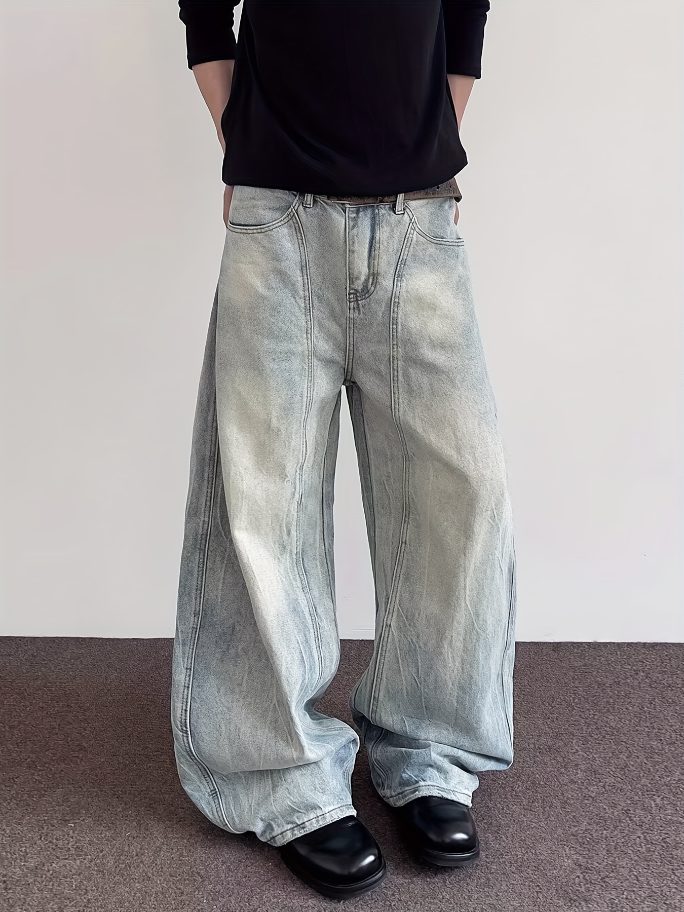 1pc men's wide leg bell bottom jeans, distressed, loose fit, denim