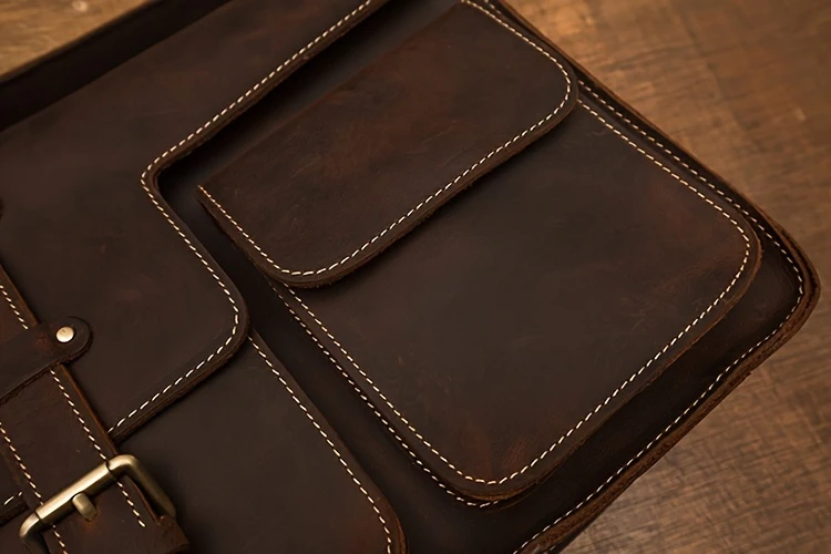 mens vintage style genuine leather messenger bag with adjustable strap casual handcrafted crossbody satchel with multiple pockets scratch repairable daily accessory details 11