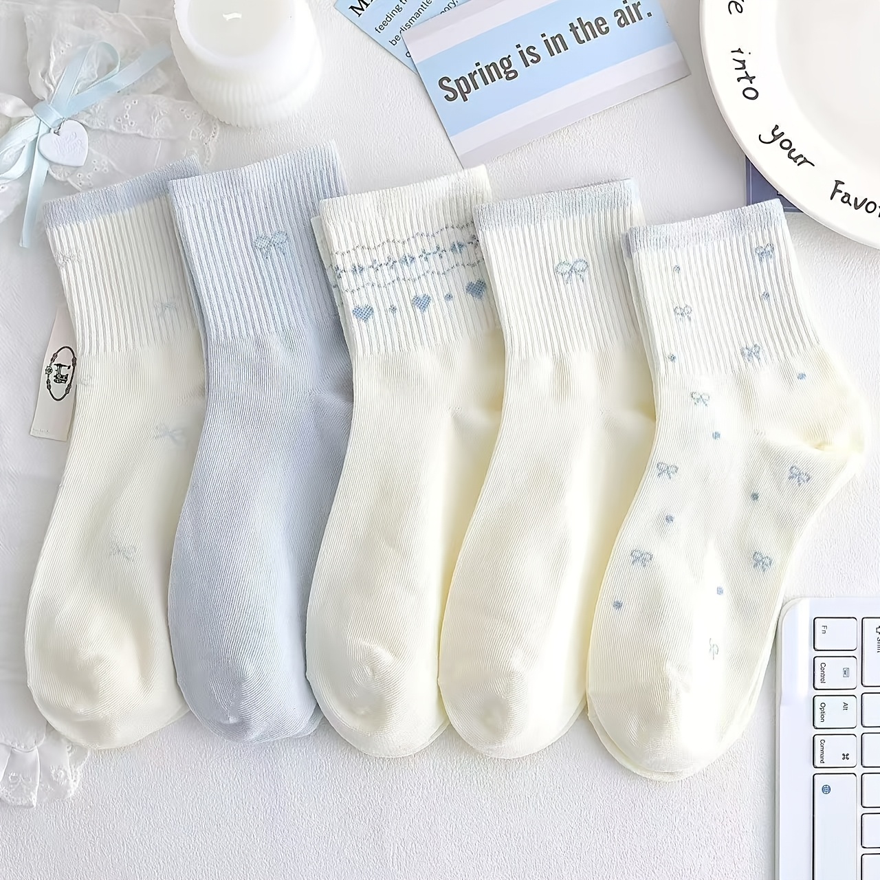 TEMU 5 Pairs Of Women' Blue Comfortable Breathable Spring And Autumn Socks Women's Mid-tube Socks Cute Ins Versatile Sports