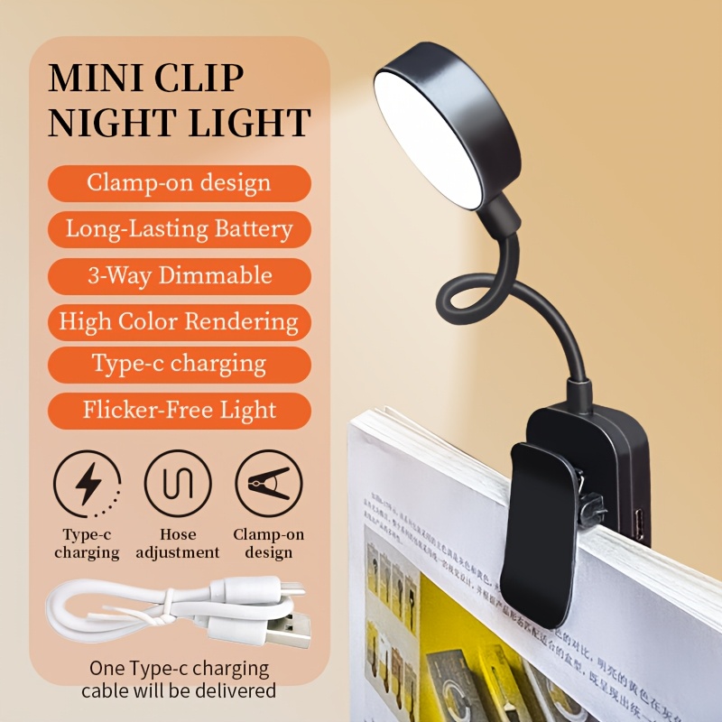 TEMU Usb Rechargeable Reading Book Light, Suitable For Nighttime Reading, Bedroom Night Light, Dimmable, 360° Flexible Book Light, Ideal For Bedside,