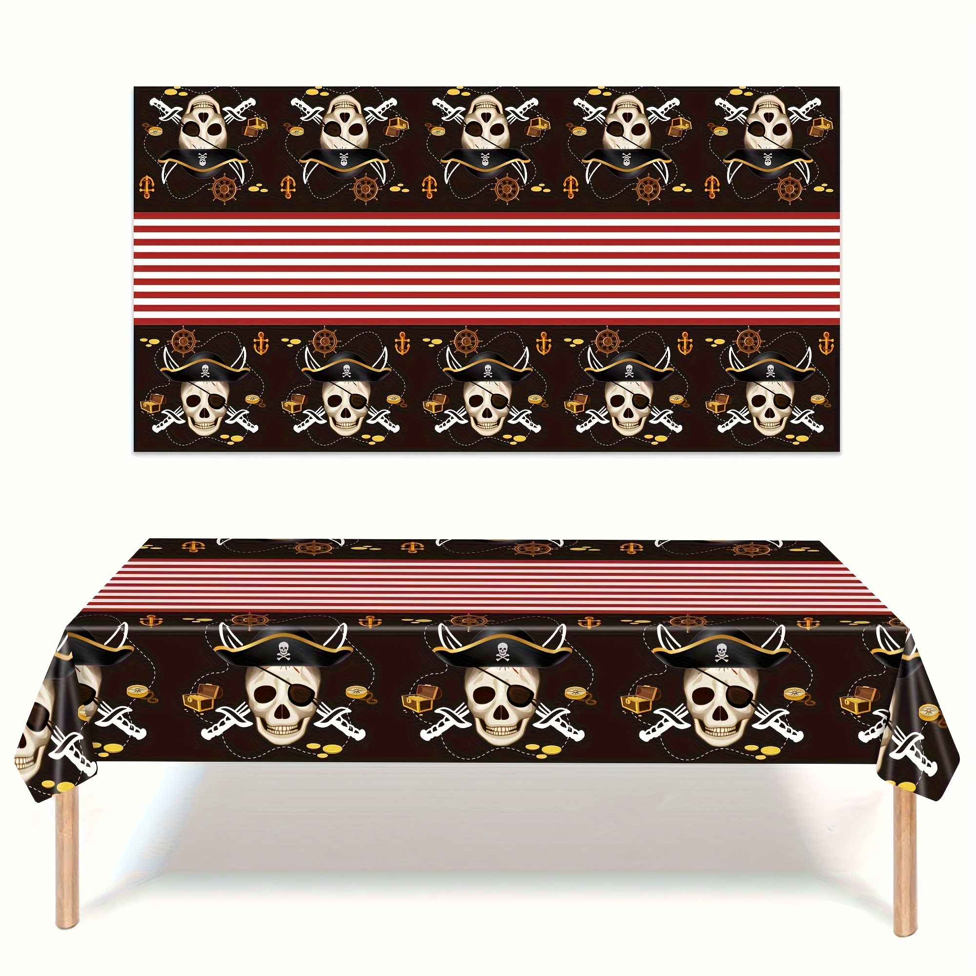 

1pc, Pirate Party Disposable Tablecloth - 54x108in Rectangular Plastic Waterproof Table Cover, And Theme, Red And Black Pirate Birthday Party Supplies
