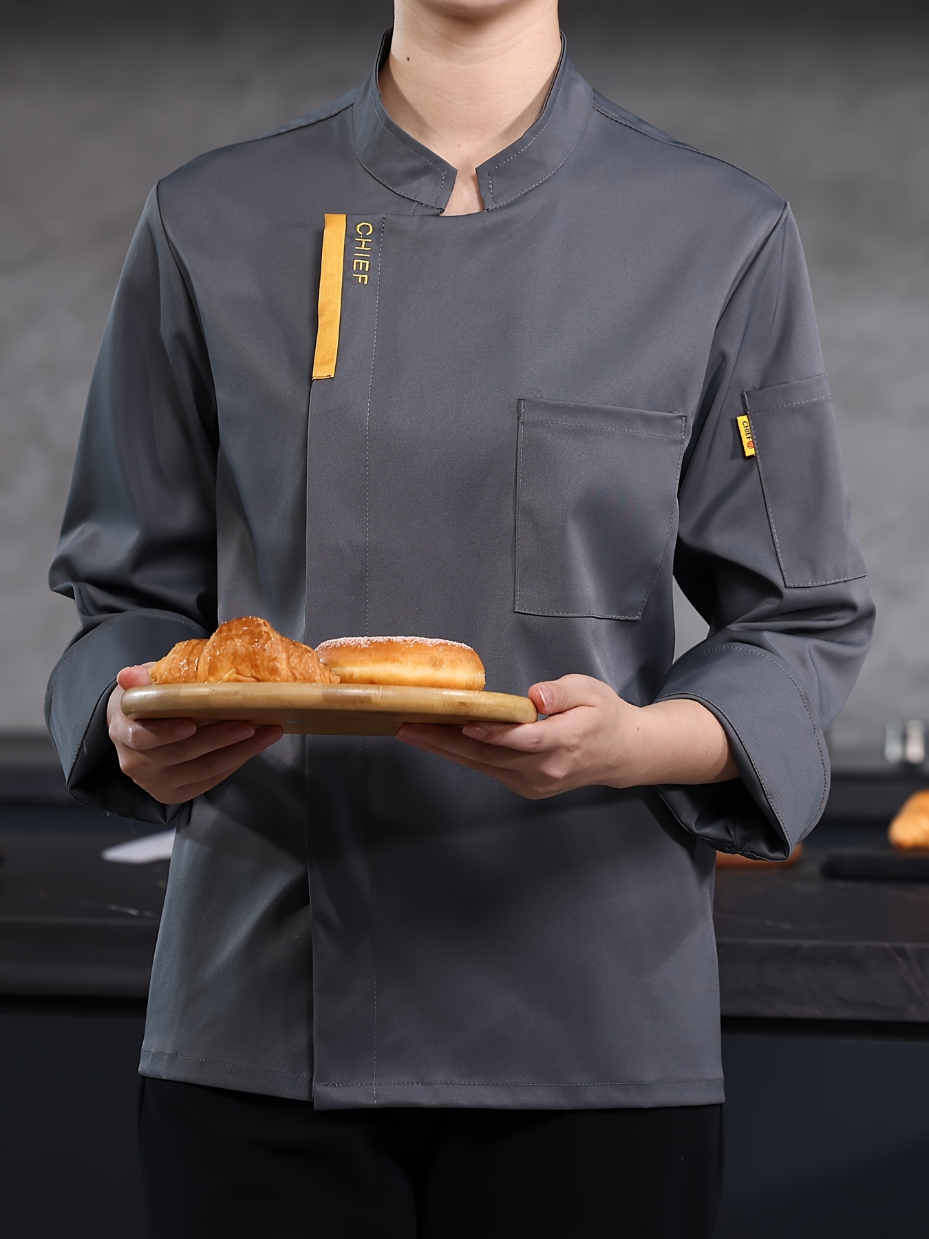 1pc Elegant *'S Long-Sleeve Chef Uniform Jacket Solid Color Black with  Golden Buttons Accents, Regular Fit Professional Kitchen Workwear for Cul