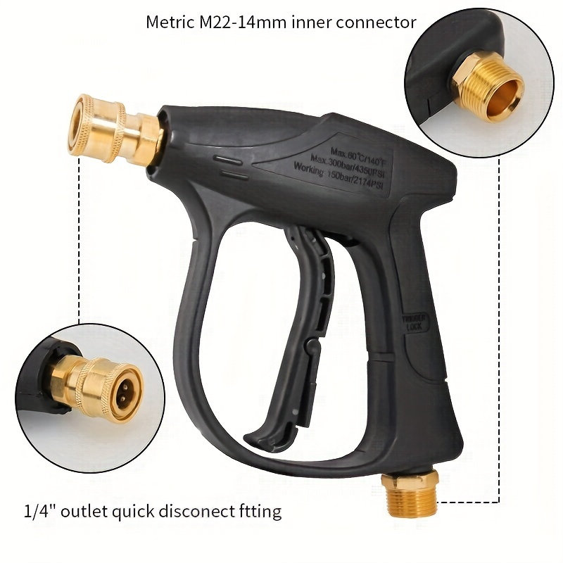 4350psi high pressure car wash water gun is used for high pressure cold water cleaning machine m22 14 tail connection 1 4 quick interface nozzles with storage base easy to store and not easy to lose Product details 1