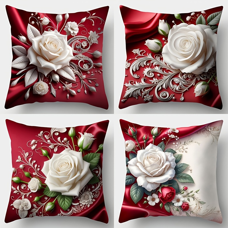 

4pcs Set, Valentine's Day Pillowcase, Rose Pillowcase, 17.7"*17.7", Printed On , Valentine's Day Decoration, Sofa Waist Cushion Cover, Pillowcase Without Pillow