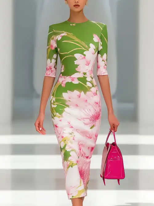 New Women'S Spring And Summer Elegant Positioning Print Green Background Pink Floral Print * Dress, 5-Sleeve Midi Dress (Wilderness) New Women'S Spring And Summer Elegant Positioning Print Green Background Pink Floral Print * Dress, 5-Sleeve Midi Dress (Wilderness)