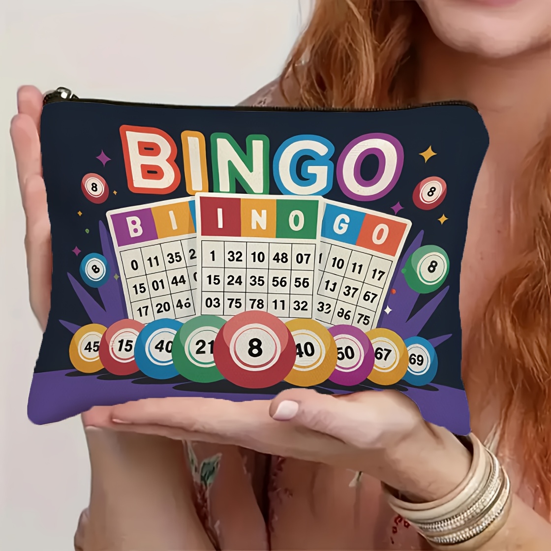 TEMU Vibrant Bingo Print Cosmetic Bag - Colorful Travel Organizer With Zipper, Ideal For Makeup, Jewelry & Toiletries, Perfect Gift For Students & Women, Small Cosmetic Ba