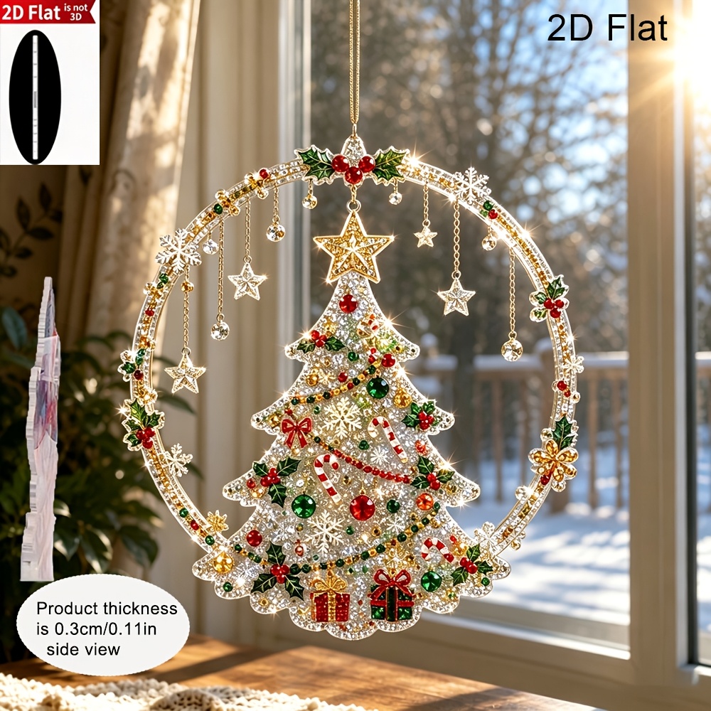 TEMU 2d Flat Christmas Diamond Pattern Art Christmas Tree Hanging Decoration - Includes Santa Claus Wreath And Christmas , Acrylic Material Suitable