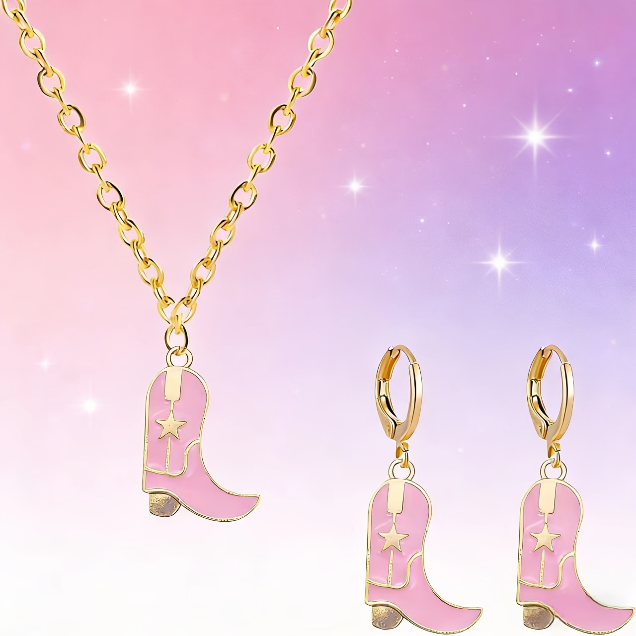 TEMU Pink Cowboy Boot Star Necklace And Earrings Set, Girly Western-style Enamel Jewelry 2pcs Set, Earrings And Necklace Set, Western-style Enamel