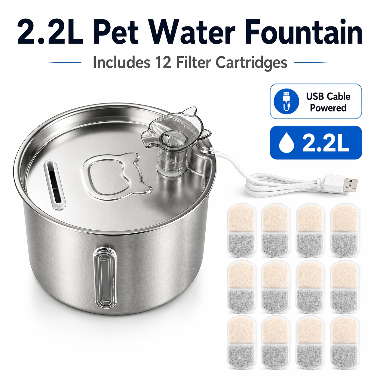 Cat Water Fountain 2.2l/4l Automatic Pet Fountain With Level Window, Drinking Water Dispenser With Replacement Filters, For Multiple Pets, Without Battery