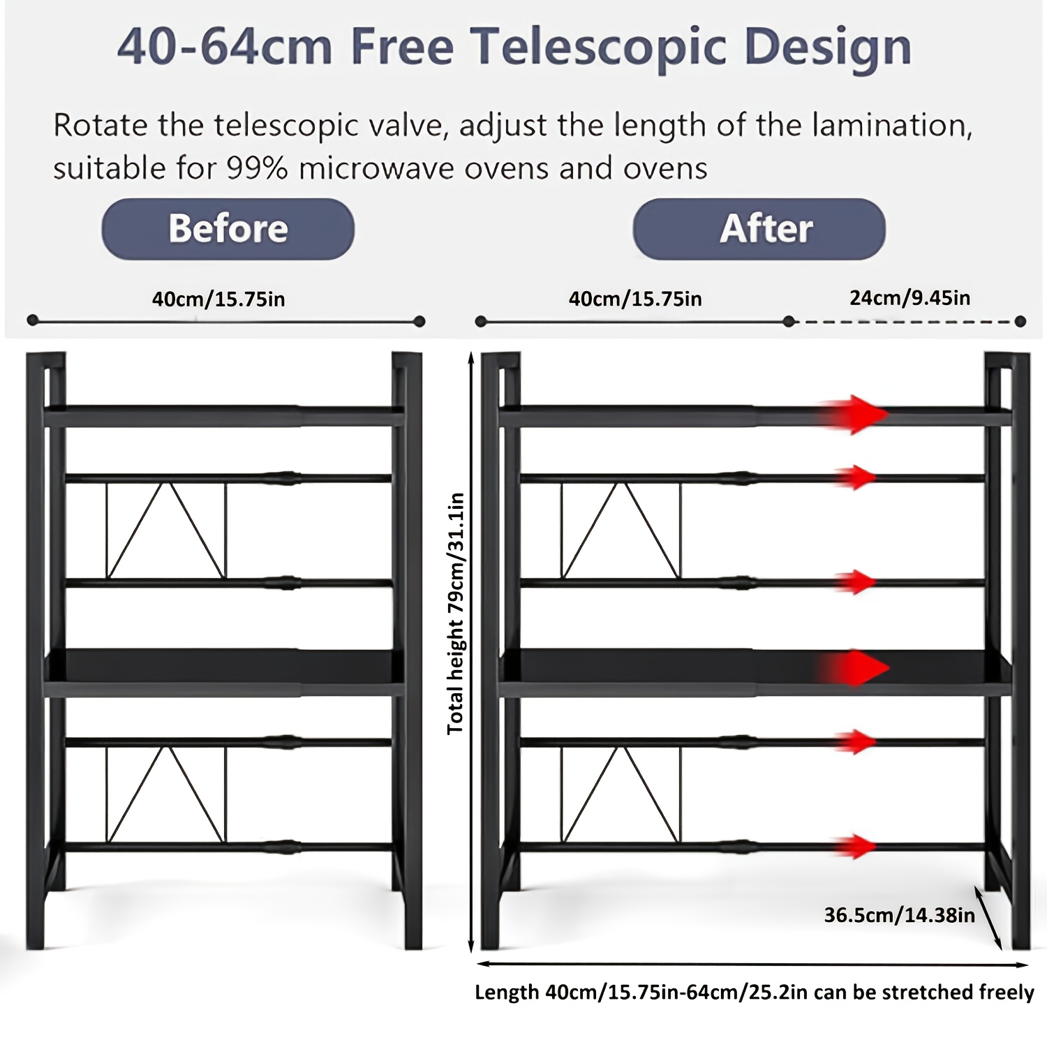 Étagère à micro-ondes extensible à 2/3 niveaux, support en acier au carbone avec 4 crochets, équipée d'un porte-bâtonnets, d'un support pour planche à découper, d'un support de rangement de cuisine, d'un rangement et d'une organisation de cuisine, d'un support à pain, réglable de 40 à 64 cm (noir, blanc)