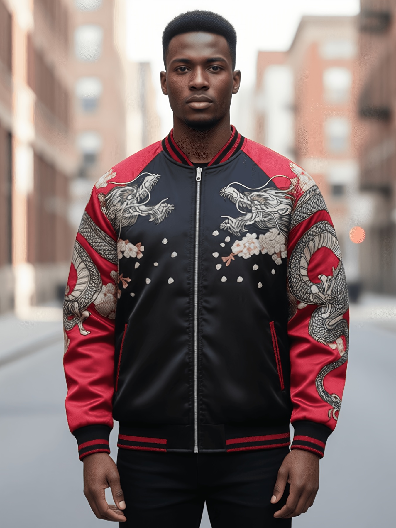 HERTALK Men' Heavy-Duty Chinese Style Bomber Jacket with Dragon Print, Zipper Closure Stand Collar, Color-Blocked Base/Ponsuit Outerwear, Machine Washable Jacket Suitable for Casual Wear & Layering