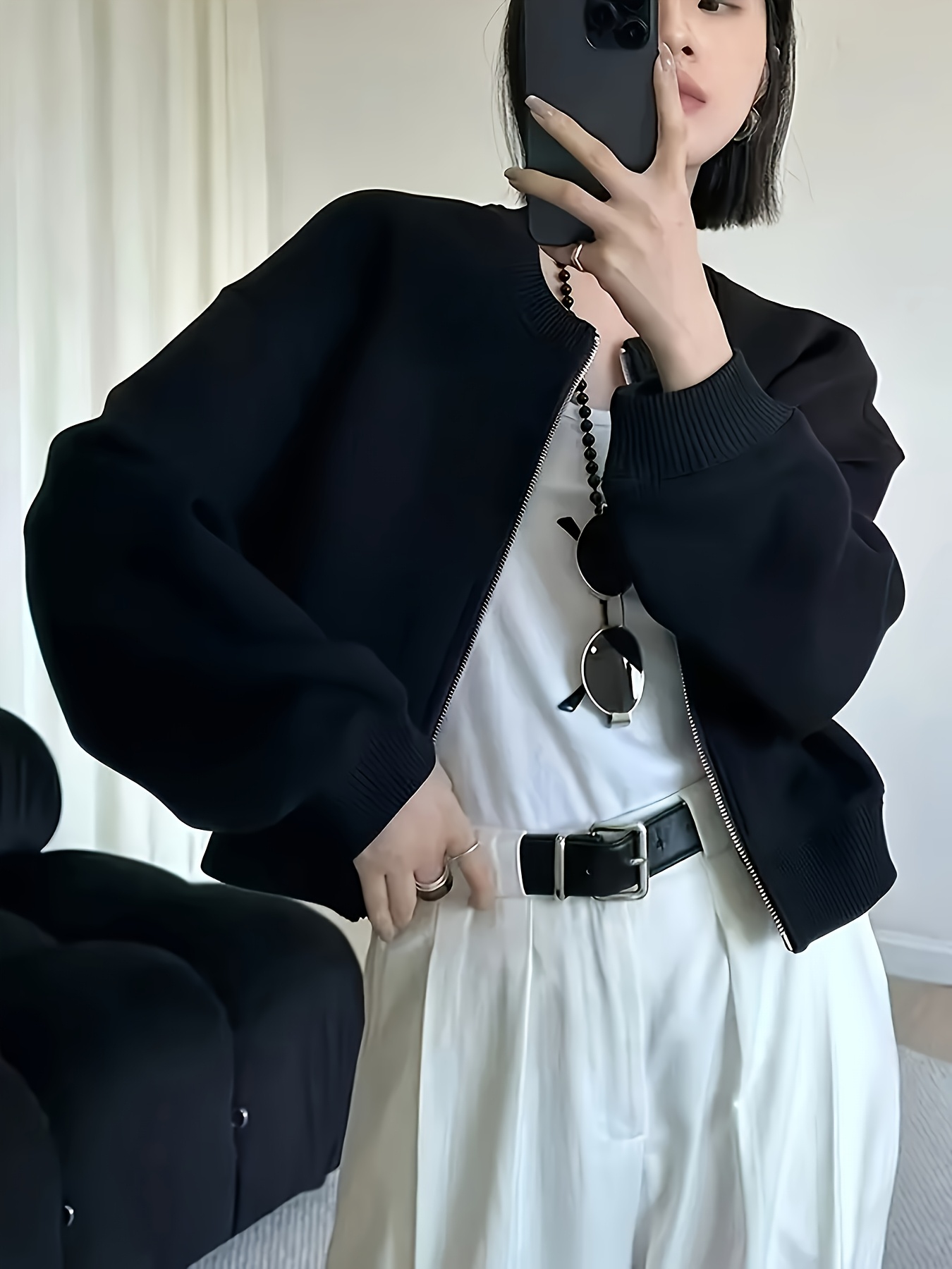품목 사진 여성 캐주얼 솔리드 오프숄더 숏 재킷, 패션 슬림핏, 지퍼형 재킷, 라운드넥 봄/가을 겉옷, 데일리 캐주얼 출퇴근