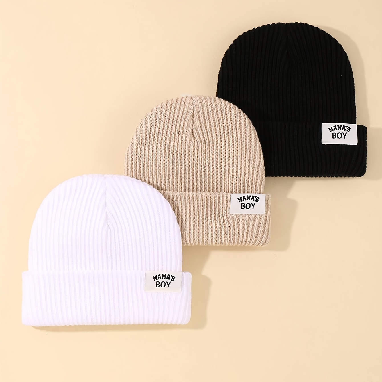 

Mamaboy 3pcs Set: Cozy Knit Beanie Hats For - , Warm & Breathable Winter Caps With Letter Design, Casual Attire