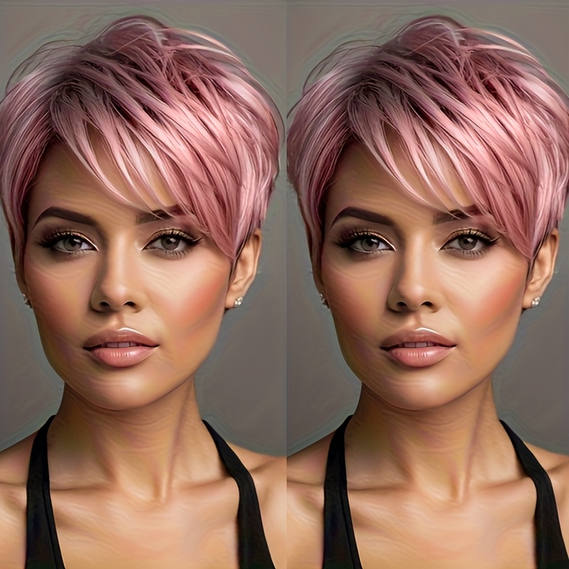 E-shop Sommermode Rosa Damen Kurzhaar-Perücke mit Pony - 150% Dichte, Ombre Pink Synthetikhaar, Schichtiger Gerader Stil, Strandlook, Leichtgewichtige