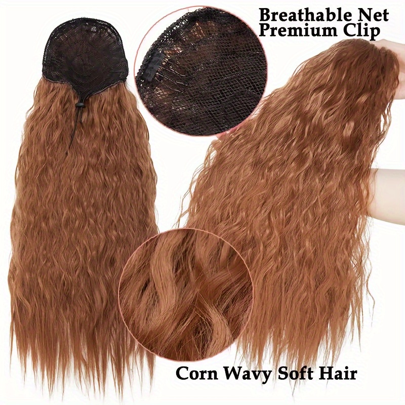 18inch 45cm long   corn wave ponytail hair extension synthetic drawstring afro curly wavy pony tail wrap around pony tails clip in hairpieces layered hairpiece   blonde highlight for women daily party halloween christmas use details 4