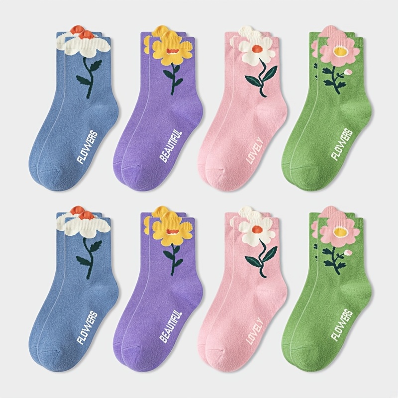 TEMU 8 Pairs Girls Socks Bright Candy Color Cute Beautiful Flowers Pattern Comfortable Breathable Kids Baby Socks, Fall And Winter Clothes