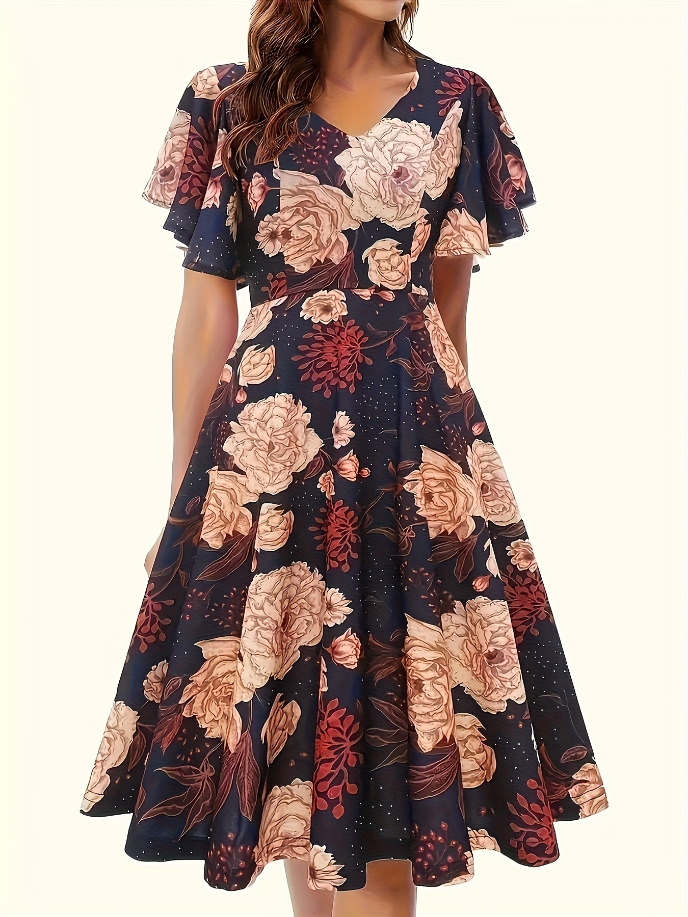 womens elegant floral print v neck midi dress ruffle sleeves - Temu
