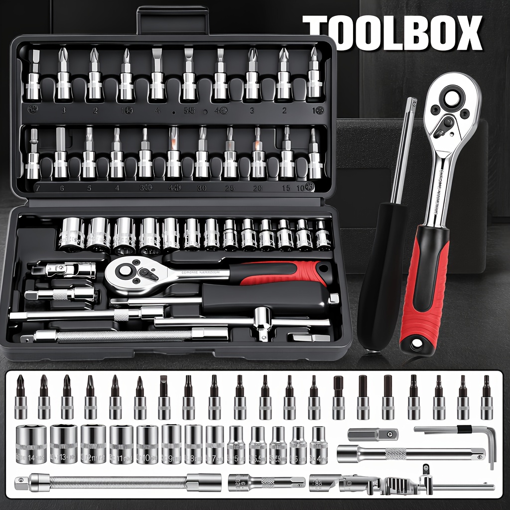 TEMU Kit d'outils professionnel haut de gamme 46pcs-R/46pcs-B/52+1pc/216pcs, kit de réparation automobile/vélo, jeu de clés de profondeur et standard