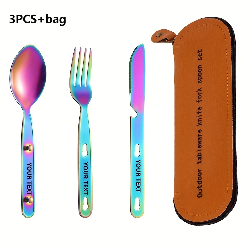 customize your text name 3pcs set bag silvery black golden colored stainless steel tableware knife   set outdoor portable western food knife fork picnic knife knife   that   fastened   can open bottles Product details 3