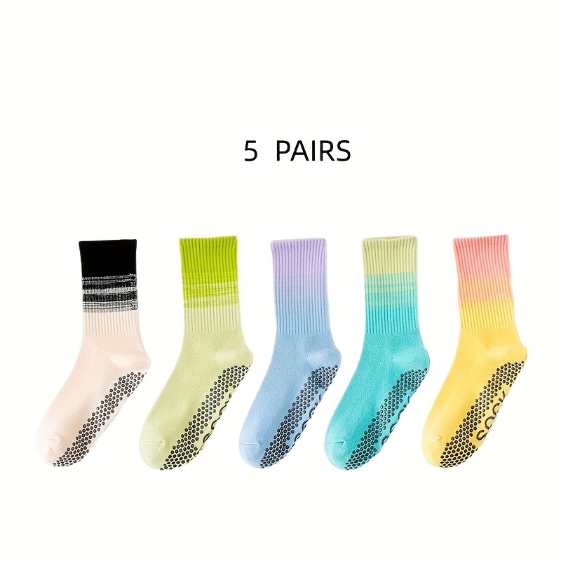 TEMU 5-pair Women's Non-slip Gradient Color Silicone Professional Yoga Socks & Pilates Jump Rope Exercise Mid-calf Socks