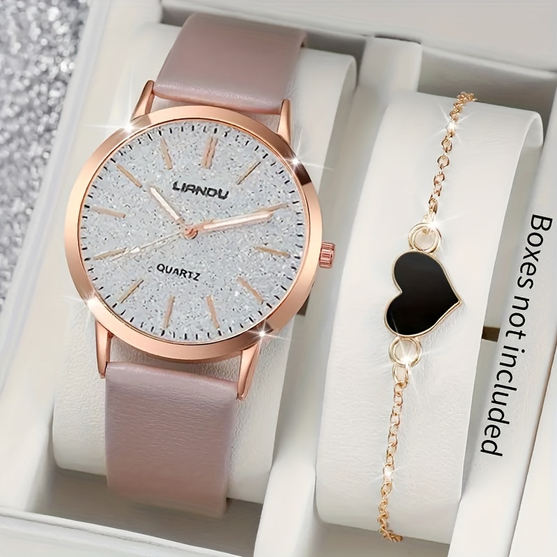 

2 Pcs Pink Round Quartz Watches Pu Leather Strap Alloy Pointer Alloy Dial And Heart Shaped Bracelet Perfect Gifts For Women