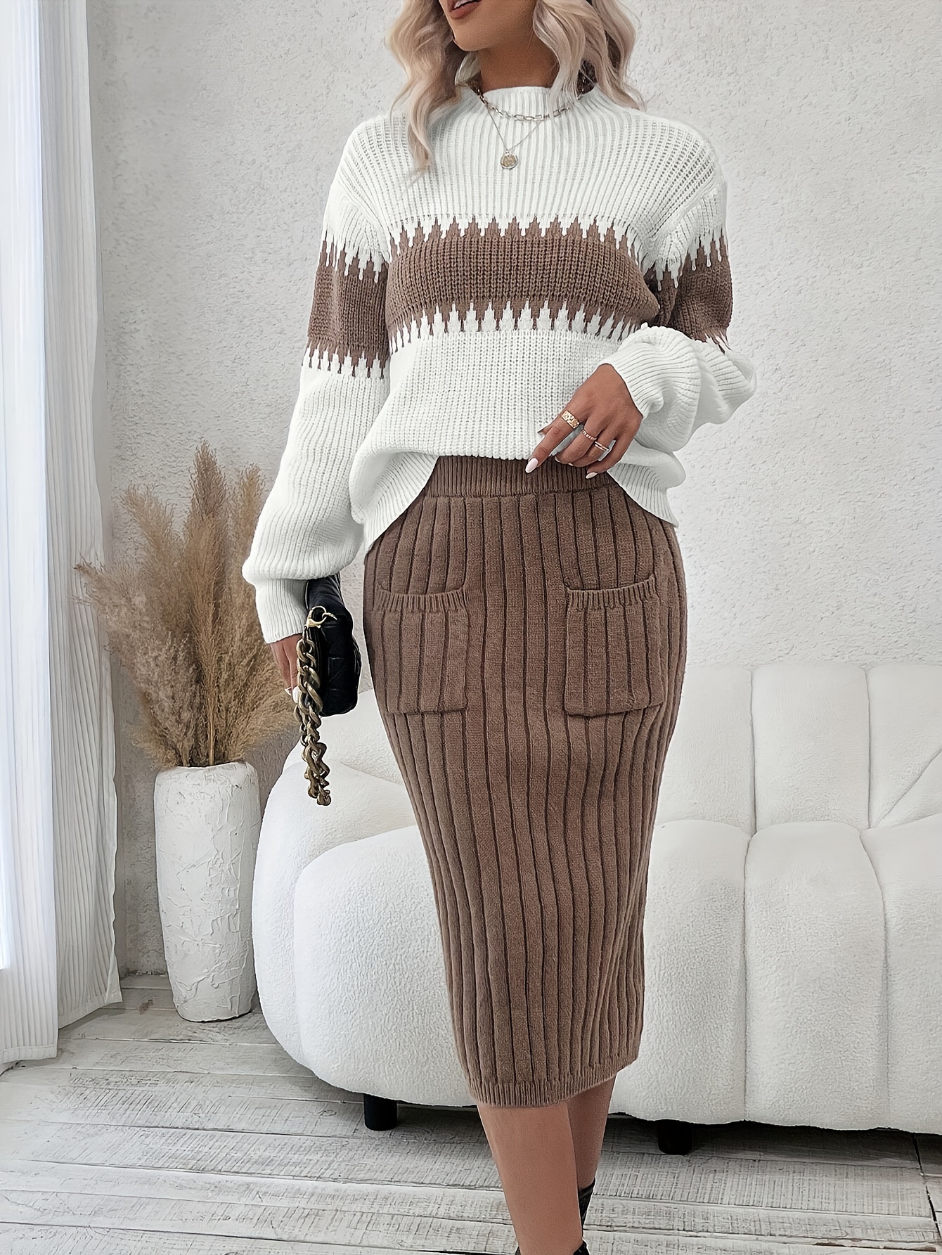 chic two piece women's block shoulder sweater Temu Kuwait