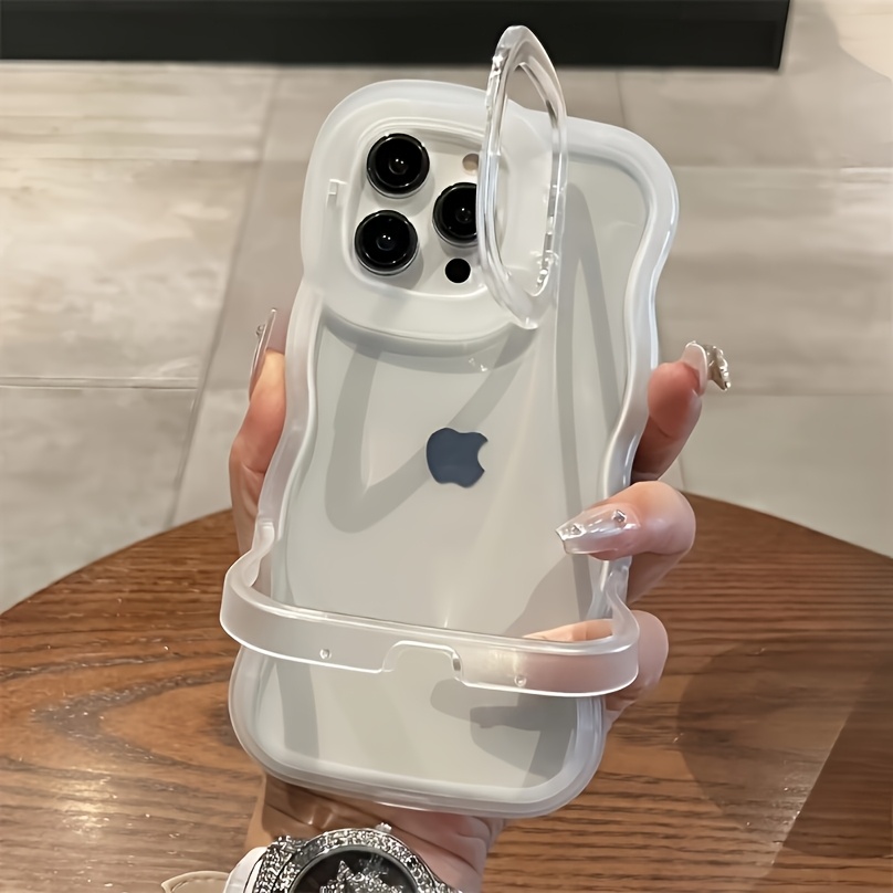 TEMU para teléfono: esta con ondulado para lente es adecuada para iPhone 17, 16, 15, 14 Plus, 13, 12 Pro Max . un soporte plegable transparente y un
